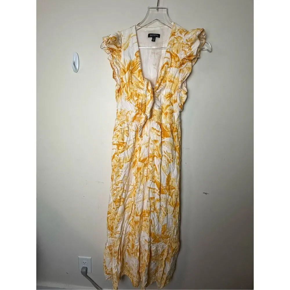 Express Flutter Ruffle Sleeve Tie Front Linen Blend Midi Dress Boho Cottagecore